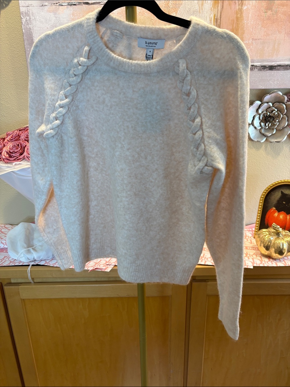B. Young Cream Cable-Accent Crewneck Sweater